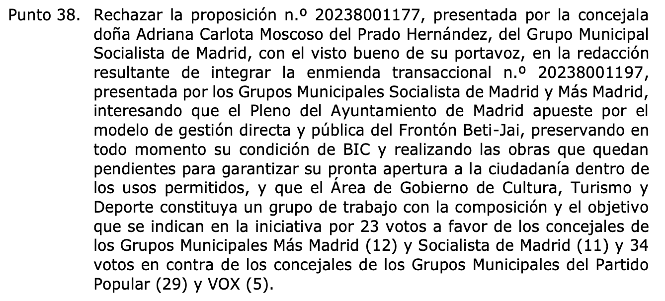 Propuesta rechazada en el Pleno del Ayto de Madrid